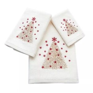 Christmas‎ Holiday Embroidered Towel Set 100% Cotton 3 Piece Tree Stars Gold Red